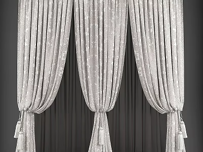 Elegant Light Gray Shiny Velvet Curtains with Tassel Ties and Layered Drapery Design 3d model