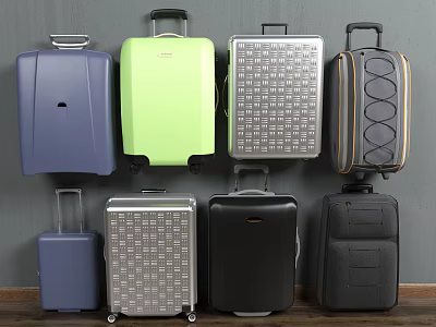Different Colored Suitcases With Various Sizes Textured Designs And Wheels Displayed On Wall And Floor 3d model
