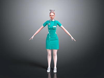 Woman In Green Nurse Uniform With Cap Stethoscope And Name Tag On Gray Background 3d model