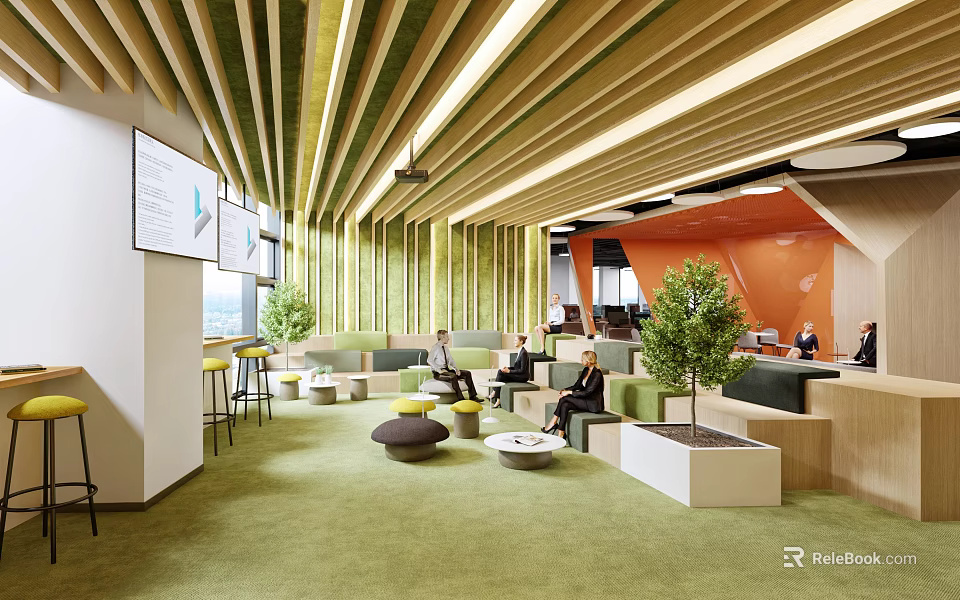 Casual Lounge Area With Green Carpet Wooden Ceiling Orange Walls And Relaxing Seating Spaces 3d model 