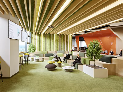 Casual Lounge Area With Green Carpet Wooden Ceiling Orange Walls And Relaxing Seating Spaces 3d model