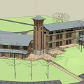 Modern Building Exterior Design With Tower Structure Green Lawn Trees And Pathway