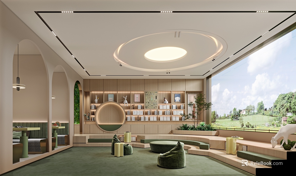 Modern Retail Store Interior With Wooden Bookshelves Round Mirror Green Plants And Comfortable Seating 3d model 