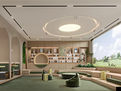 Modern Retail Store Interior With Wooden Bookshelves Round Mirror Green Plants And Comfortable Seating 3d model