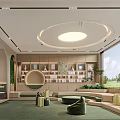 Modern Retail Store Interior With Wooden Bookshelves Round Mirror Green Plants And Comfortable Seating