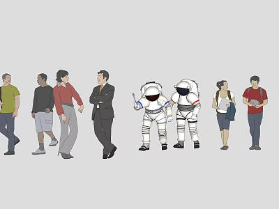 Group of People Standing with Astronauts in Casual and Formal Attire 3d model
