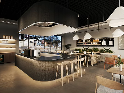 Modern Café Interior With Curved Bar Counter Stools Pendant Lights And Plants 3d model