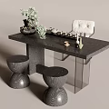 Modern Tea Table and Chairs with Transparent Legs Round Wooden Stools Plants and Tea Sets