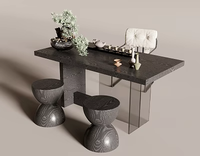 Modern Tea Table and Chairs with Transparent Legs Round Wooden Stools Plants and Tea Sets 3d model