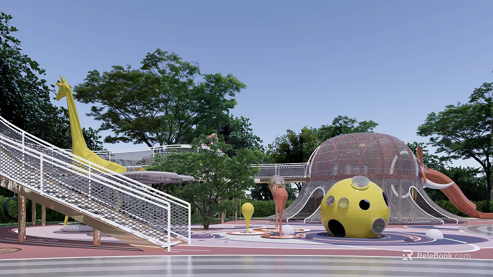 Children's Playground With Yellow Slide Octopus Shaped Structure Climbing Net And Trees 3d model 