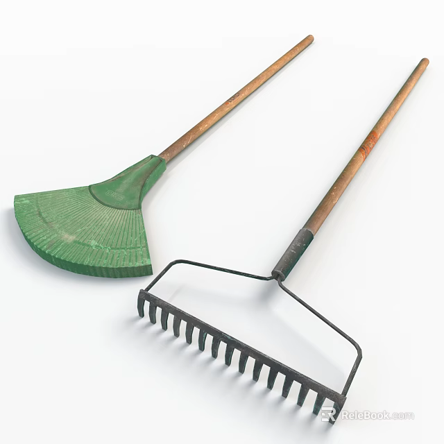Practical Garden Tools With Wooden Handles Green Fan Head And Metal Teeth Rake 3d model 