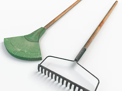 Practical Garden Tools With Wooden Handles Green Fan Head And Metal Teeth Rake 3d model