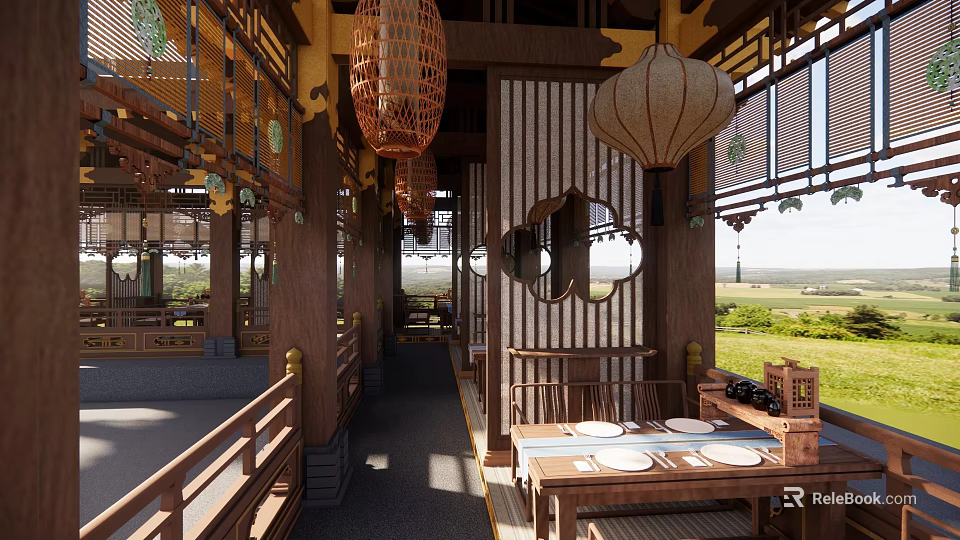 Traditional Chinese Restaurant Interior With Wooden Structure Lanterns Round Windows And Outdoor Views 3d model 
