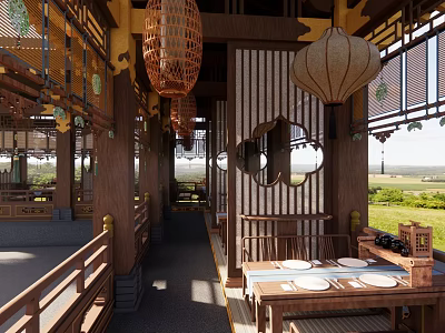 Traditional Chinese Restaurant Interior With Wooden Structure Lanterns Round Windows And Outdoor Views 3d model