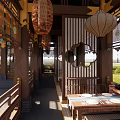 Traditional Chinese Restaurant Interior With Wooden Structure Lanterns Round Windows And Outdoor Views