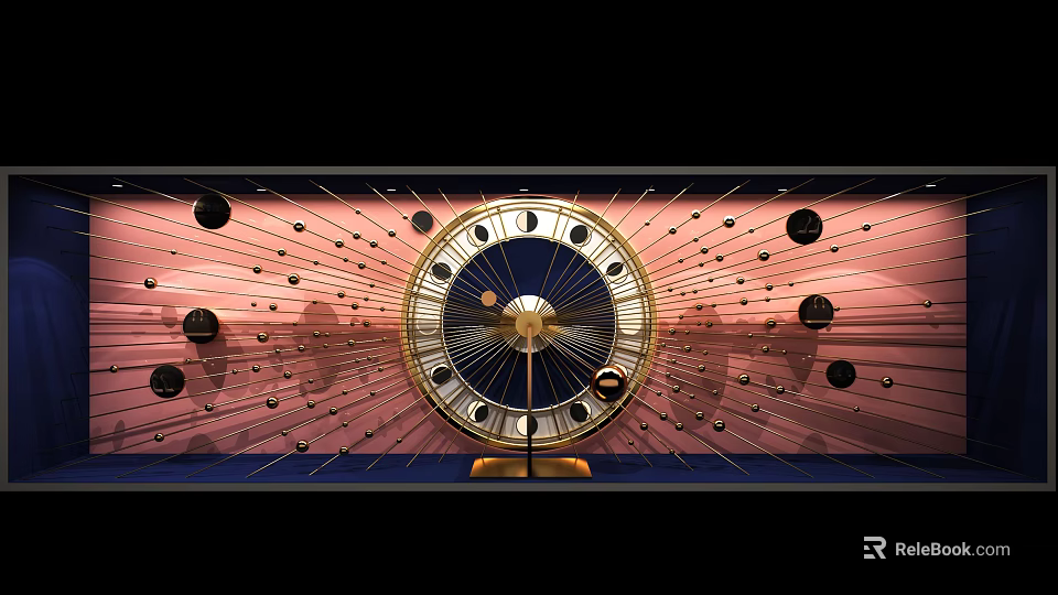 Chic Shop Window Display With Pink Background Golden Frame Radial Lines And Spherical Decorations 3d model 