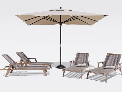 Outdoor Wicker Lounge Chairs With Large Umbrella For Comfortable Patio Relaxation Area 3d model