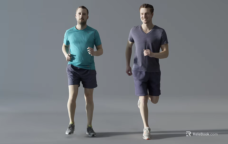 Two Men Running Wearing Short Sleeved T Shirts And Shorts On Gray Background 3d model 
