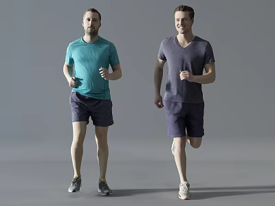 Two Men Running Wearing Short Sleeved T Shirts And Shorts On Gray Background 3d model