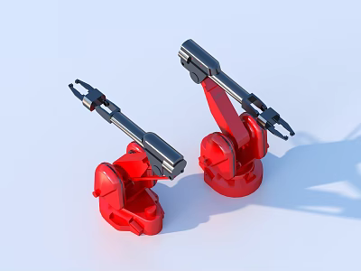 Two Red Robotic Arm Models For Desktop Decorative Display With Metallic Joints And Stable Base 3d model