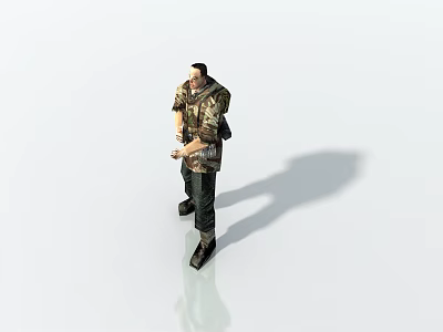 A Man Wearing Camouflage Shirt With Backpack Standing Against White Background Holding Object 3d model
