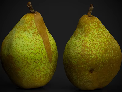 Two Ripe Pears With Green Yellow Skin And Brown Speckles On Dark Background 3d model