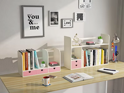 Two White Storage Shelves With Pink Drawers Holding Books Small Plants On Wooden Desk 3d model
