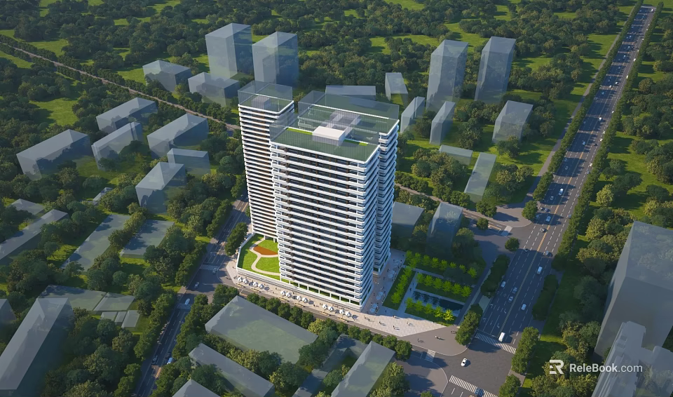 Modern High Rise Hotel Building With Greenery Surroundings And Urban Road Network 3d model 
