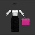 Women's Fashion Outfit With White Ruffle Sleeve Top Black Sequin Skirt Pink Handbag And Sunglasses