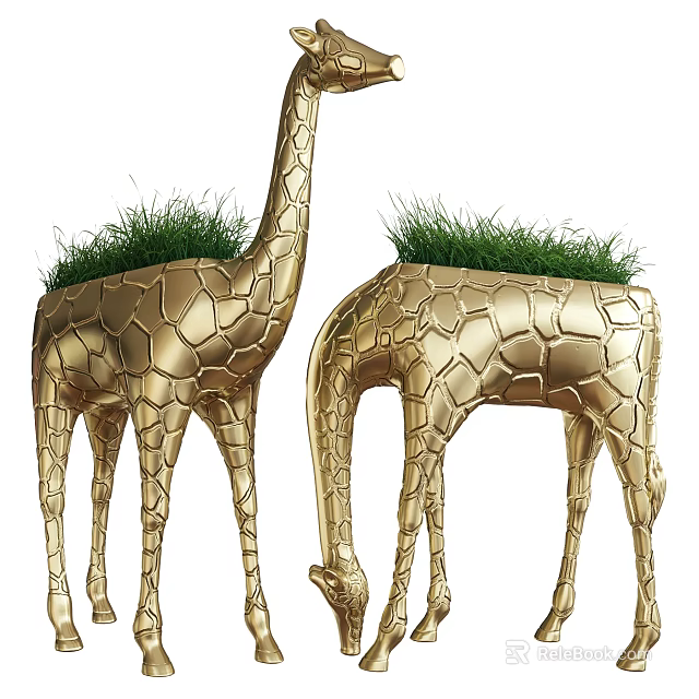 Golden Giraffe Decorative Ornament Set With Cracked Texture And Grass On Top 3d model 