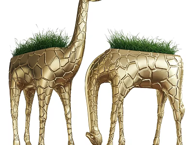 Golden Giraffe Decorative Ornament Set With Cracked Texture And Grass On Top 3d model