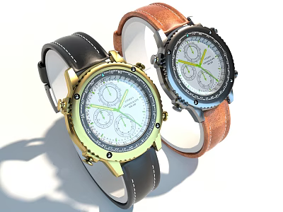 Gold And Silver Case Wristwatches With Black Brown Leather Straps Round Multi Subdials 3d model