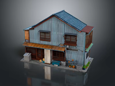 Traditional Japanese Wooden House With Blue Roof Balcony Windows And Potted Plants 3d model