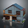Traditional Japanese Wooden House With Blue Roof Balcony Windows And Potted Plants
