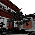 Traditional Chinese Ancient Architecture Featuring Red Pillars Carved Eaves and Courtyard Trees