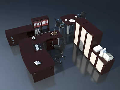 Dark Wooden Office Furniture Setup With Desk Filing Cabinet And Chairs 3d model