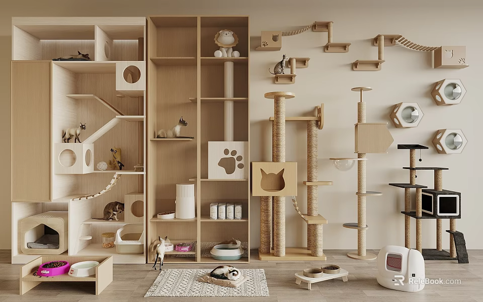 Modern Wooden Multi Level Cat Tree With Scratching Posts And Perches 3d model 