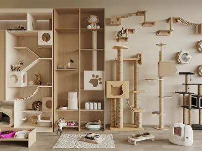 Modern Wooden Multi Level Cat Tree With Scratching Posts And Perches 3d model