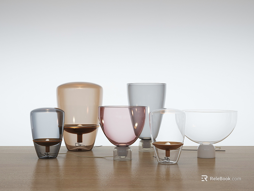 Various Colored And Different Shaped Table Lamps On Wooden Tabletop 3d model 