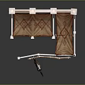 Medieval Wooden Market Stall Structure With Canopy Cloth Geometric Patterns Pillars Fence And Benches