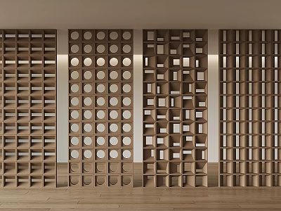 Modern Wooden Room Dividers With Square Grids And Circular Cutouts For Interior Design 3d model