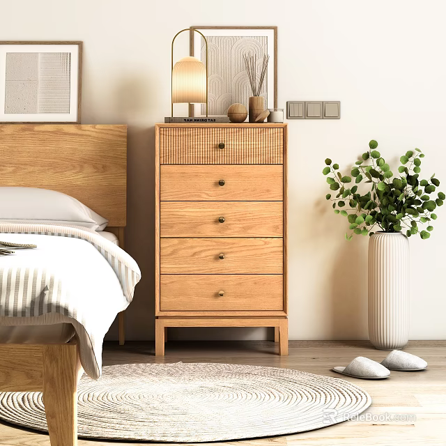 Wooden Chest of Drawers in Bedroom with Bedhead Table Lamp and Green Plant 3d model 
