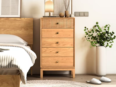 Wooden Chest of Drawers in Bedroom with Bedhead Table Lamp and Green Plant 3d model