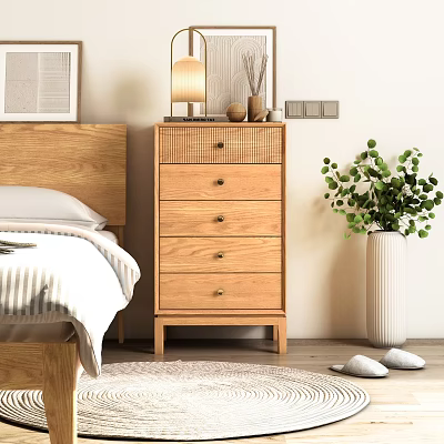 Wooden Chest of Drawers in Bedroom with Bedhead Table Lamp and Green Plant 3d model