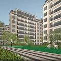 Modern Residential Building Featuring Illuminated Balconies Surrounded by Green Lawn Trees and Sculptures
