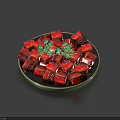 Red Cube Shaped Food on a Plate with Green Garnish and Fresh Herbs