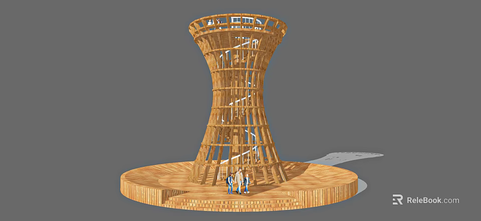 Wooden Tower Like Road Facility With Circular Platform And People Around 3d model 