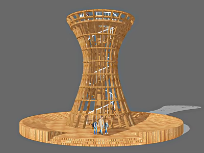 Wooden Tower Like Road Facility With Circular Platform And People Around 3d model