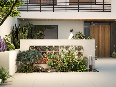 Front Yard Garden Landscape With White Low Wall Grid Design And Diverse Plants 3d model