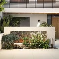 Front Yard Garden Landscape With White Low Wall Grid Design And Diverse Plants